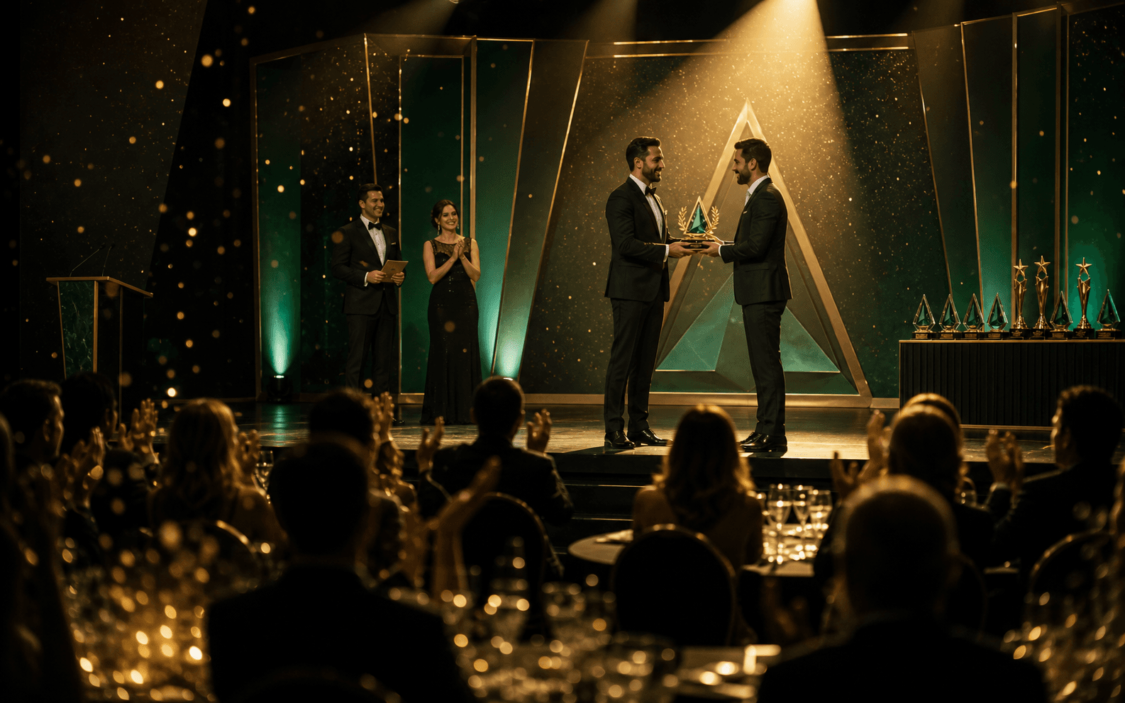 Award handover moment on an emerald and gold recognition stage