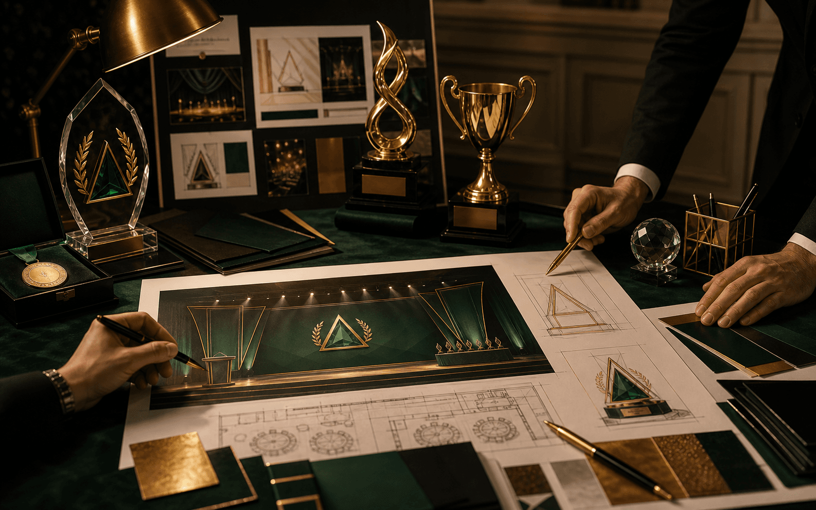Premium award show planning desk with trophies, certificates, and stage notes