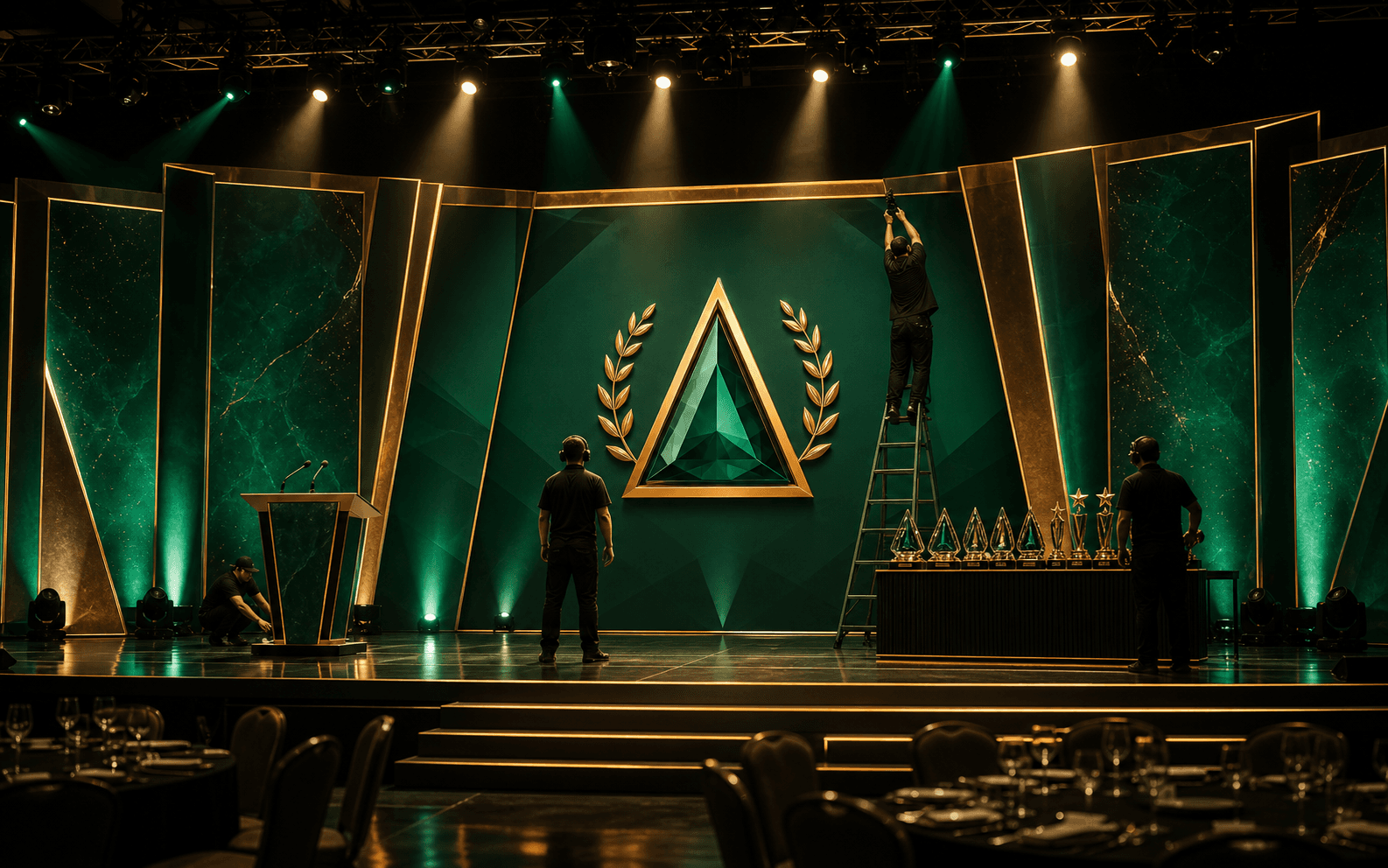 Emerald and gold award ceremony stage being prepared before guests arrive